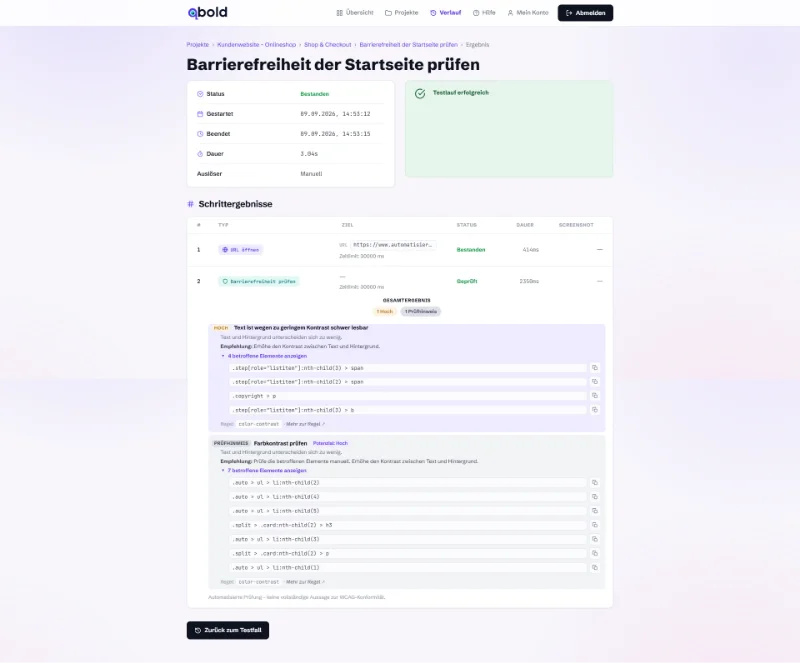 qbold-Ergebnis einer Barrierefreiheitsprüfung mit aufgelisteten Befunden und betroffenen Elementen