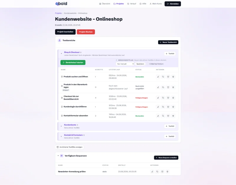 qbold-Oberfläche mit einem Projekt und den darunter angeordneten Testbereichen und Testfällen